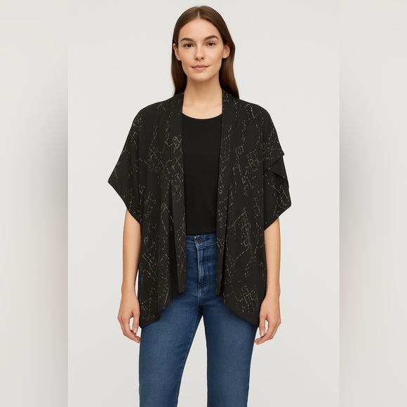 Eileen Fisher Silk Tencel Black Kimono Jacket S/M Geometric Print like new - Picture 1 of 6